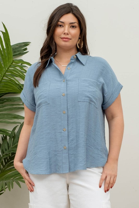 Cuvry Crinkle Button-Down Top