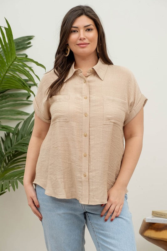Cuvry Crinkle Button-Down Top